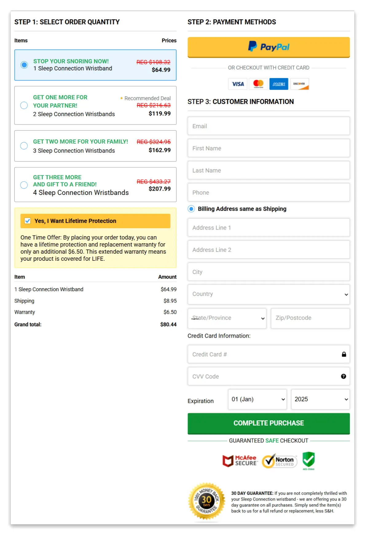 Sleep Connection Wristband secure checkout page